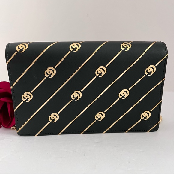 Authentic Gucci Black/Gold GG Diagonal Striped Wallet on Chain - Two Way - Picture 12 of 16